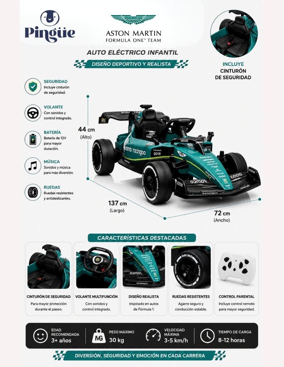 Automóvil montable con control remoto Kart Formula 1 AMR23 recargable infantil 9