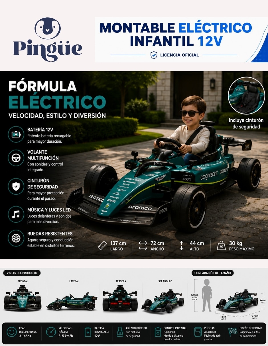 Automóvil montable con control remoto Kart Formula 1 AMR23 recargable infantil 4