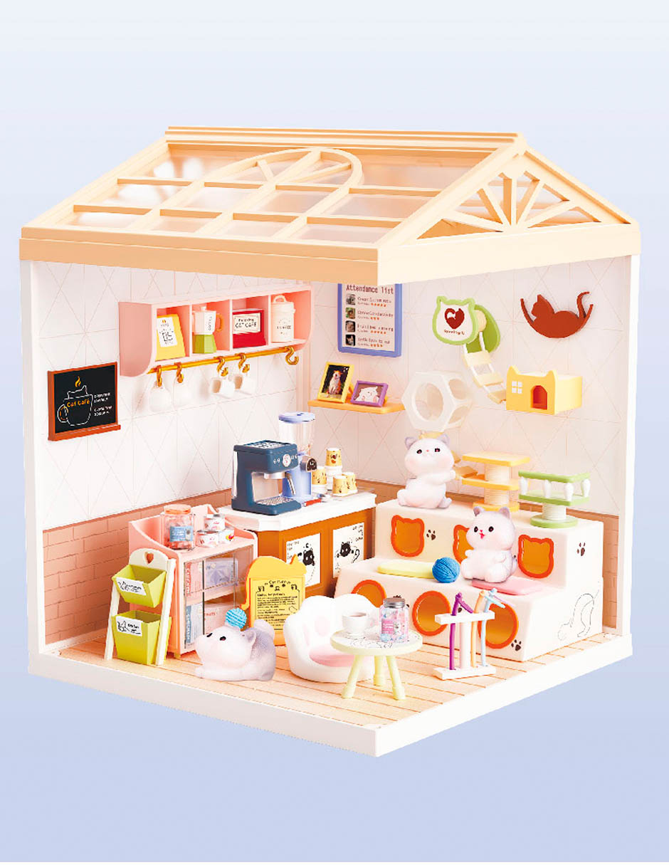 Casa miniatura cafetería diy assembling cat coffee shop set