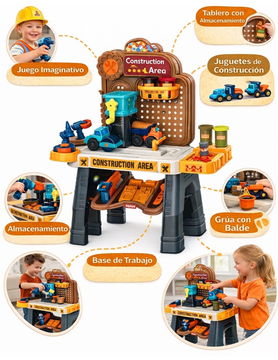 Mesa de trabajo construcción | estación de masas moldeables infantil con 45 piezas pingüe