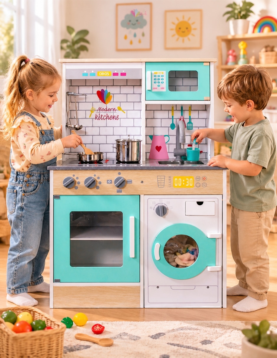 Pingüe set de cocina integral premium 88x60x30cm en madera mdf pingüe "juego de rol para niños"
