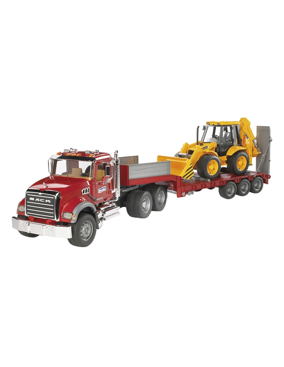 Vehículo Camión MACK Granite con plataforma baja y JCB 4CX
