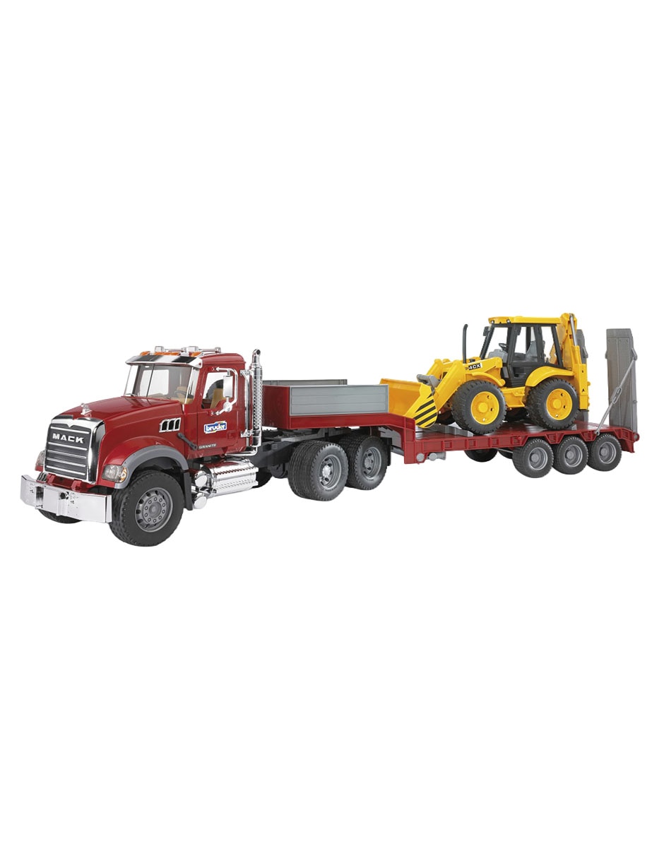 Vehículo Camión MACK Granite con plataforma baja y JCB 4CX 2