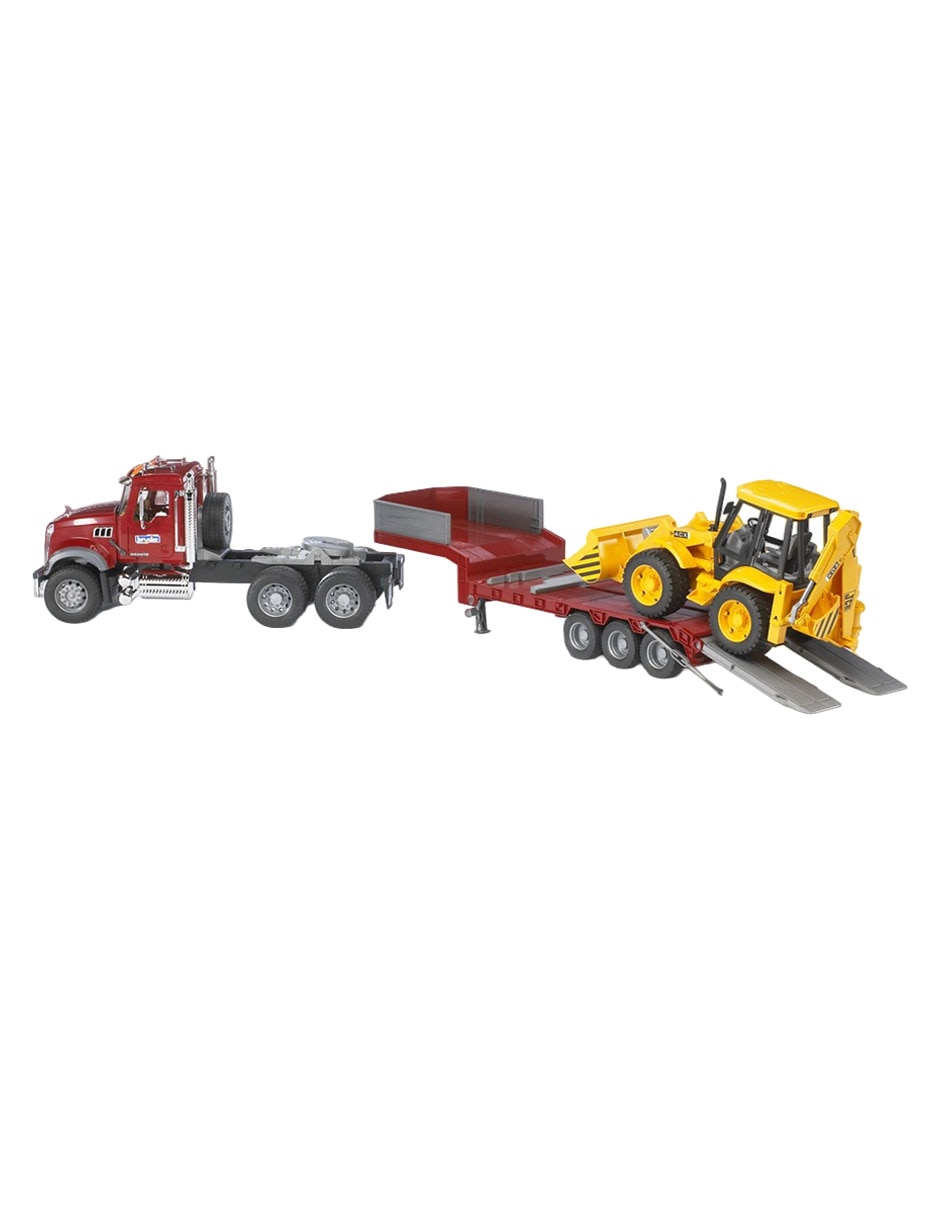 Vehículo Camión MACK Granite con plataforma baja y JCB 4CX 3