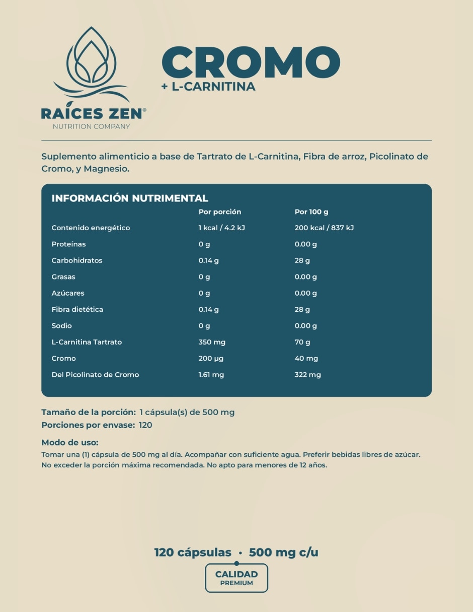 Cromo + L-Carnitina 120 Cápsulas RAÍCES ZEN con Cromo sabor Sin sabor de 5