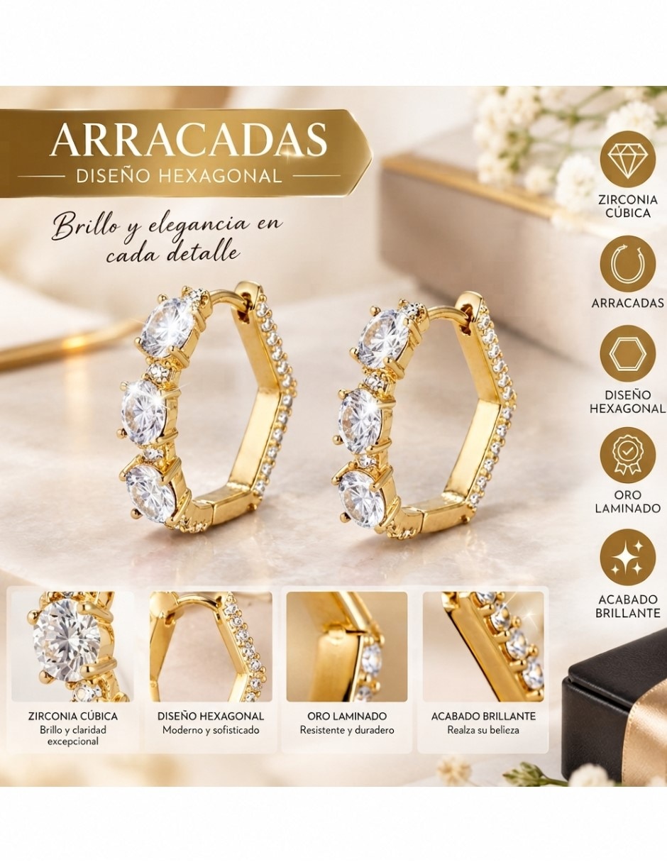 Arracadas elegantes de oro laminado 14 k con acabado brillante zirconia cúbica 6