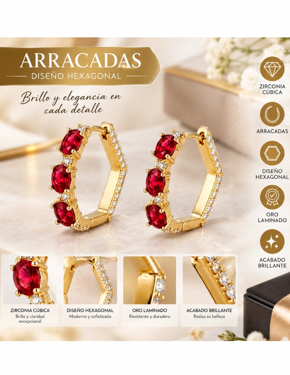 Arracadas elegantes de oro laminado 14 k con acabado brillante zirconia cúbica 6
